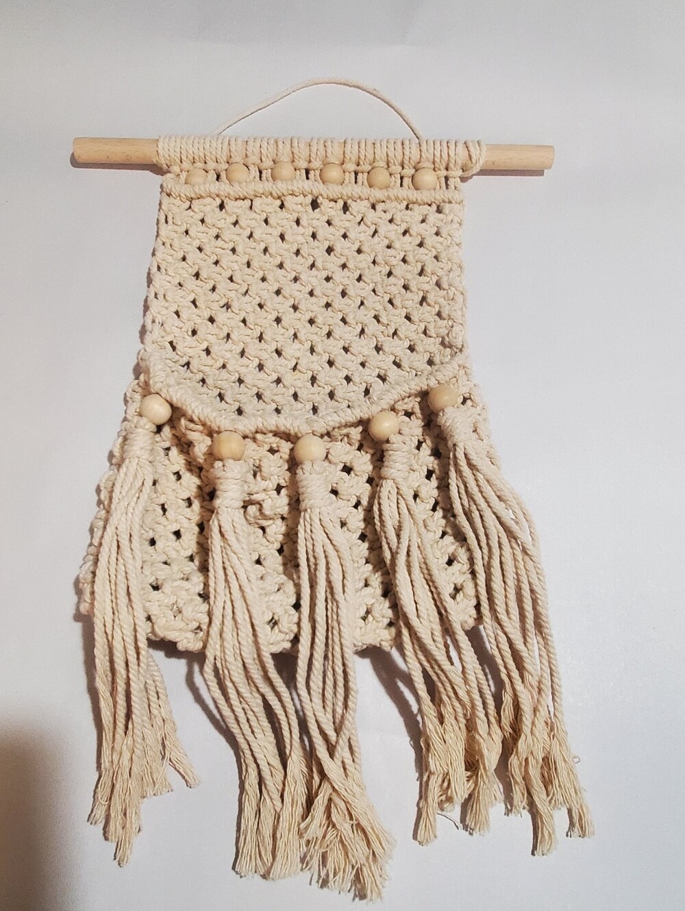 MACRAME WALL BOHO HANGING   POCKET STORAGE. Fringe Beads Wood
